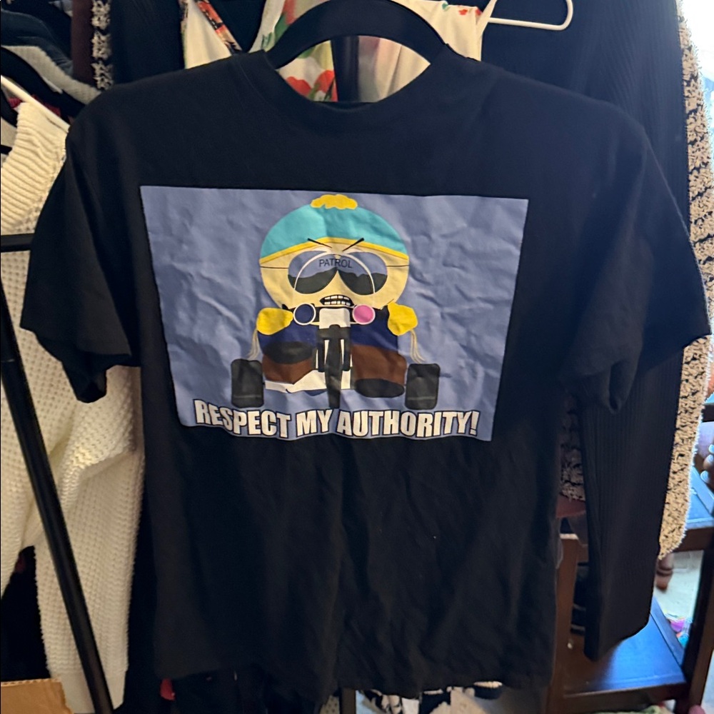 Black Graphic Tee with 'Respect My Authority' Cartoon Print